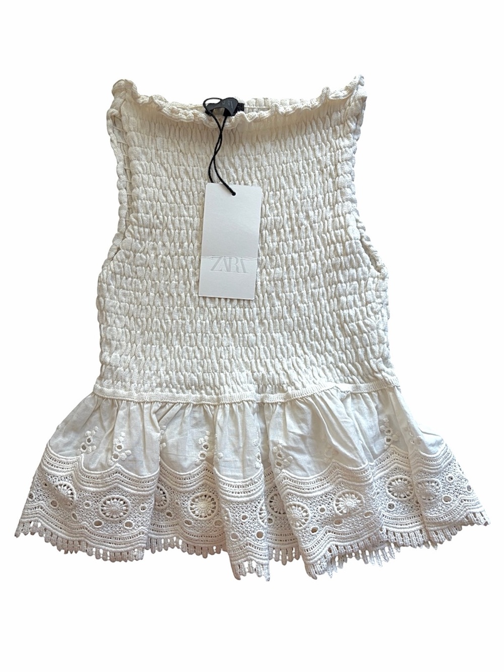 Zara NWT White Cream Knit Smocked Babydoll Top Eyelet Lace Embroidered Y2K Boho